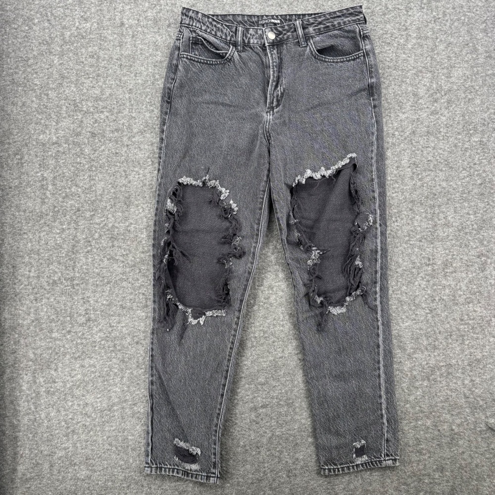 Fashion Nova Womens High Rise Distressed Mom Jeans Faded Black Size 7 Destroyed